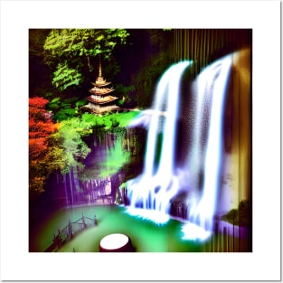 Stunning image of a waterfall and colorful garden next to a temple. Posters and Art